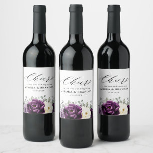 Eggplant Purple Plum Ivory White Floral Wedding Wine Label