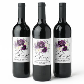 Eggplant Purple Plum Ivory White Floral Wedding Wine Label