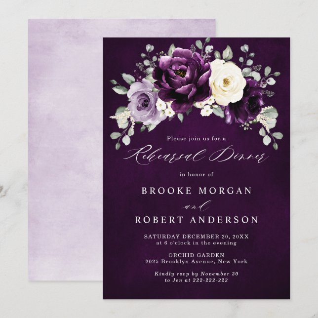 Eggplant Purple Plum Ivory White Rehearsal Dinner  Invitation (Front/Back)