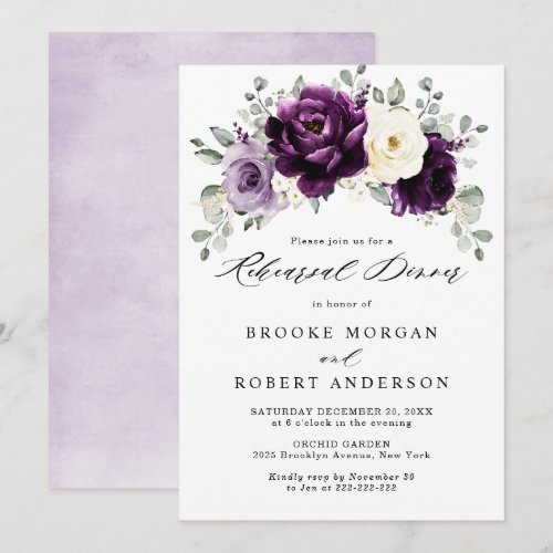 Eggplant Purple Plum Ivory White Rehearsal Dinner Invitation