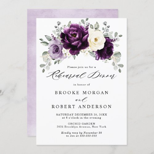 Eggplant Purple Plum Ivory White Rehearsal Dinner Invitation