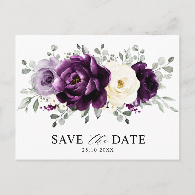 Eggplant Purple Plum Ivory White Save the Date     Postcard (Front)