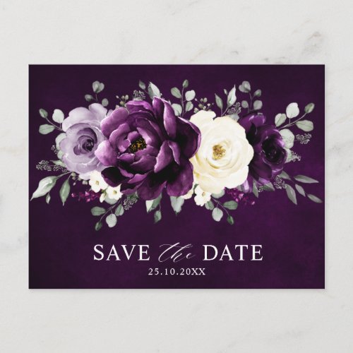 Eggplant Purple Plum Ivory White Save the Date     Postcard