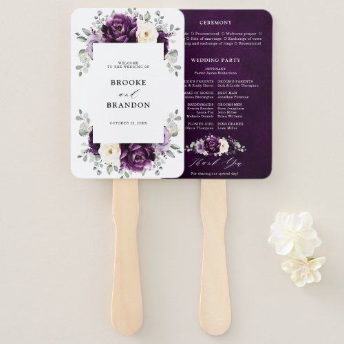 Eggplant Purple Plum Ivory White Wedding Program H Hand Fan