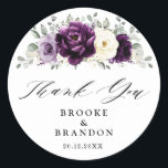 Eggplant Purple Plum Ivory White Wedding Thank you Classic Round Sticker<br><div class="desc">Elegant floral midsummer wedding thank you sticker features a bouquet of watercolor roses peonies in shades of purple plum, champagne ivory floral and sage , lush green botanical eucalyptus leaves. Please find more matching designs and variations from my "blissweddingpaperie" store. And feel free to contact me for further customization or...</div>