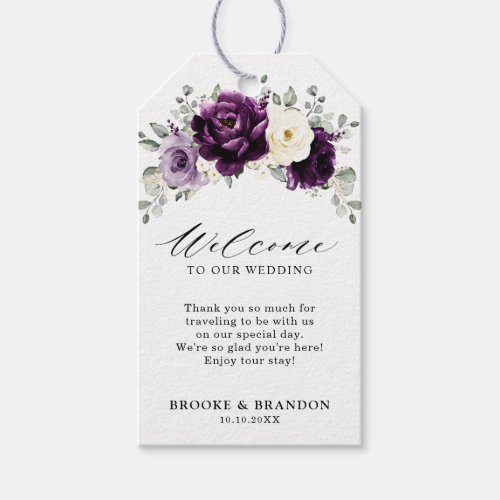 Eggplant Purple Plum Ivory White Wedding Welcome Gift Tags