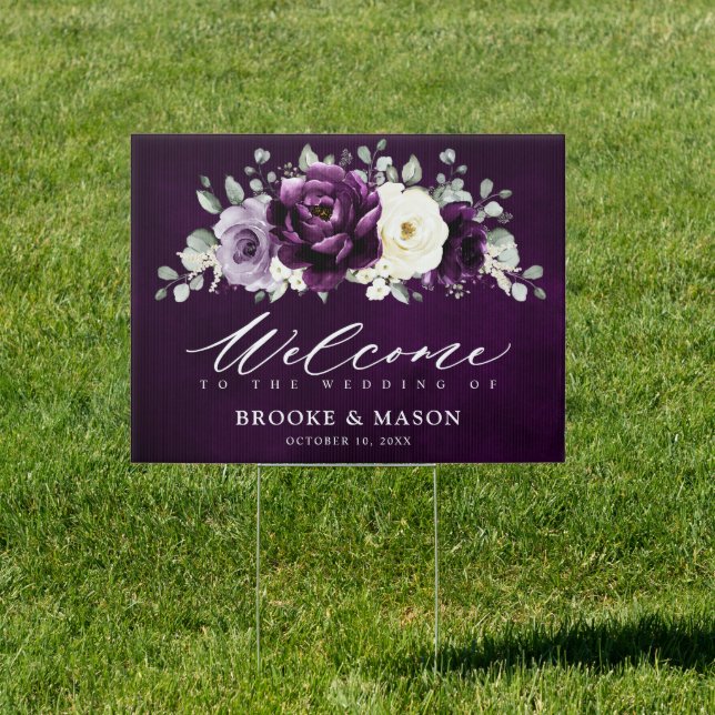 Eggplant Purple Plum Ivory White  Wedding Welcome  Sign (Insitu)