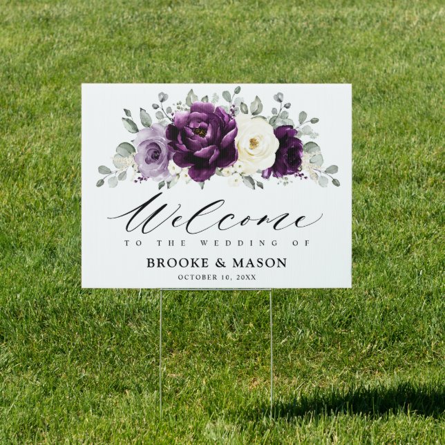 Eggplant Purple Plum Ivory White  Wedding Welcome Sign (Insitu)