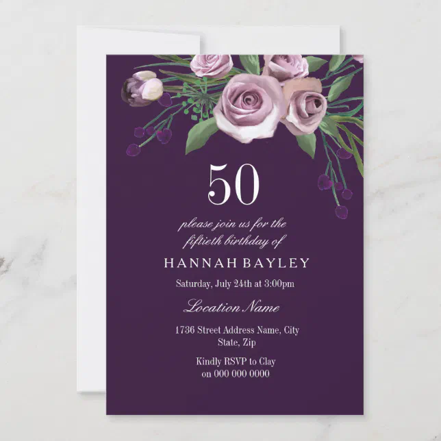 Eggplant Purple Plum Rose Womans 50th Birthday Invitation | Zazzle