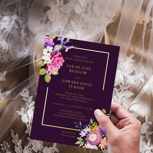 Eggplant Purple Ranunculus Floral Foil Invitation