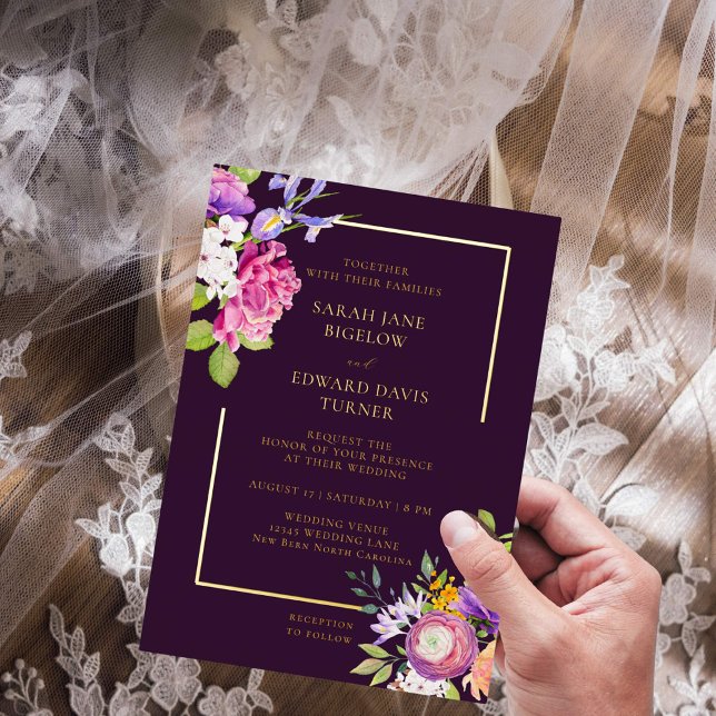 Eggplant Purple Ranunculus Floral Foil Invitation (Creator Uploaded)