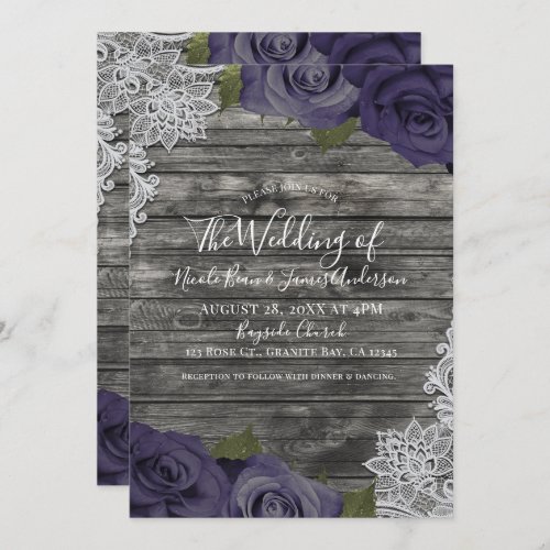 Eggplant Purple Roses Rustic White Lace Wedding Invitation