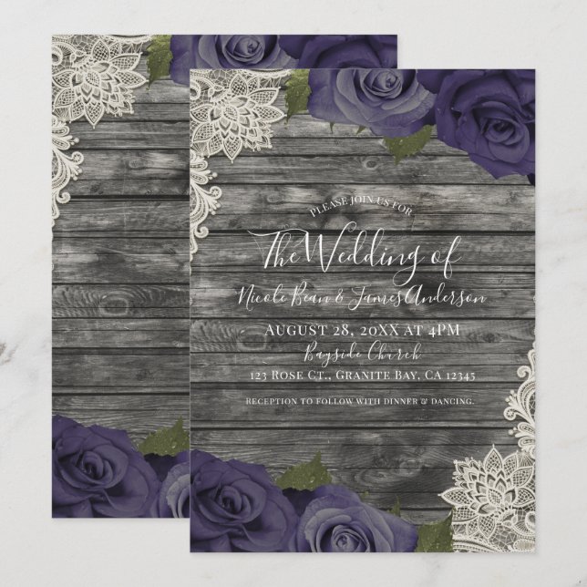 Eggplant Purple Roses Rustic Wood Lace Wedding Invitation (Front/Back)