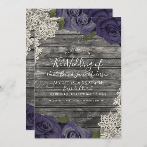 Eggplant Purple Roses Rustic Wood Lace Wedding Invitation