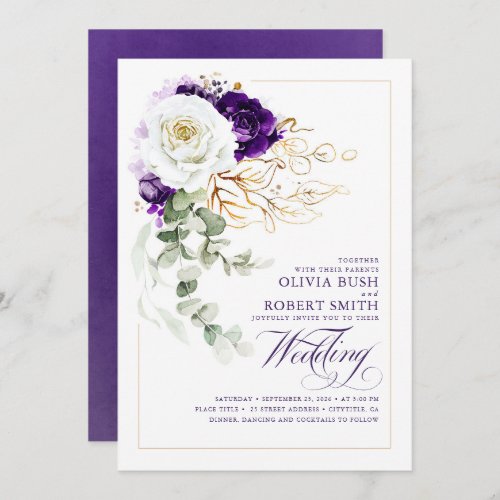 Eggplant Purple Royal Chic Boho Floral Wedding Invitation