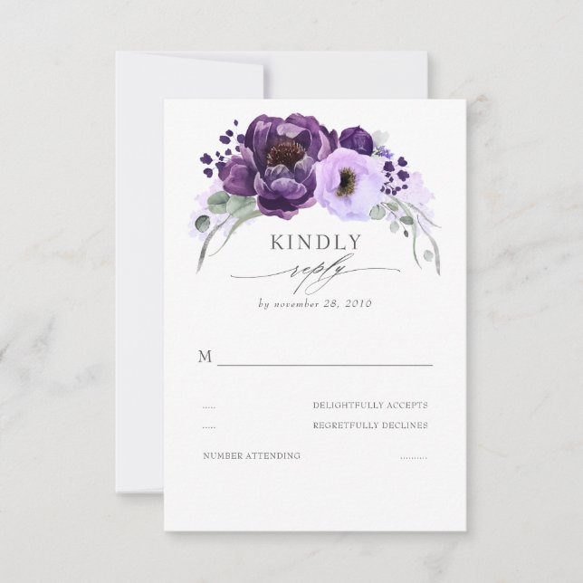 Eggplant Purple Silver Glitter Leaves Wedding RSVP Card (Front)