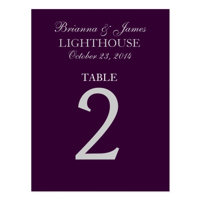 Eggplant Purple Silver Wedding Table Number 2 Card Post Cards