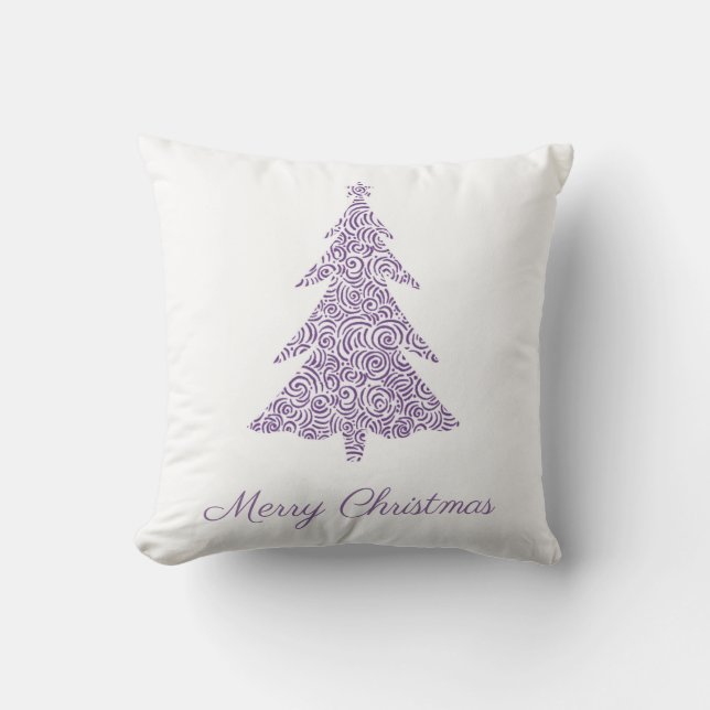 Eggplant purple swirl Christmas tree on white. Throw Pillow (Front)