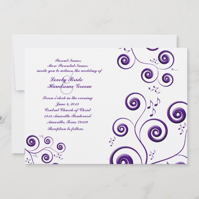 Eggplant Purple Swirls Music Wedding Invitation (Front)