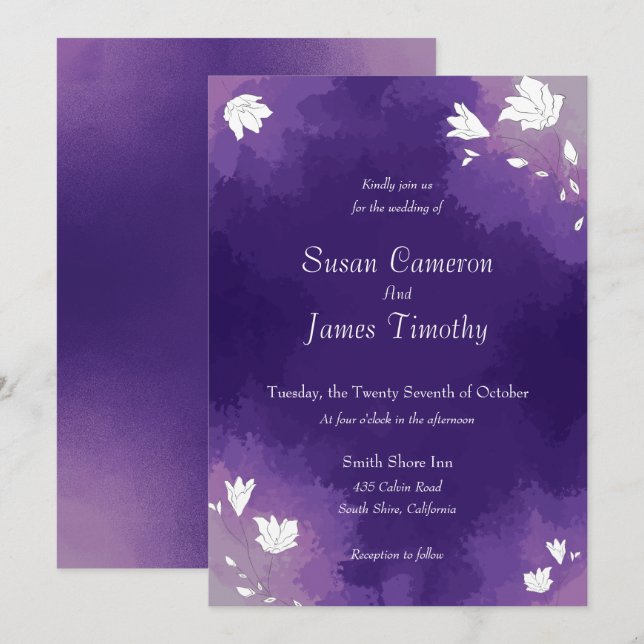 Eggplant Purple watercolor Wedding Invitation (Front/Back)