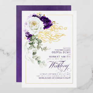 Eggplant Purple & White Floral Boho Wedding Foil Invitation