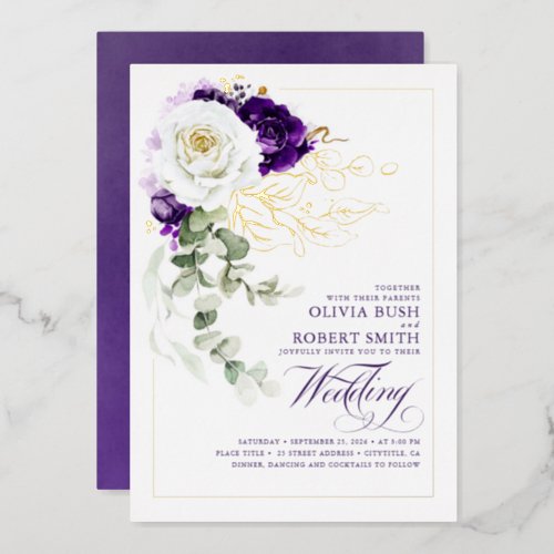 Eggplant Purple  White Floral Boho Wedding Foil Invitation