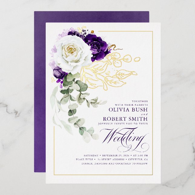 Eggplant Purple & White Floral Boho Wedding Foil Invitation (Front/Back)