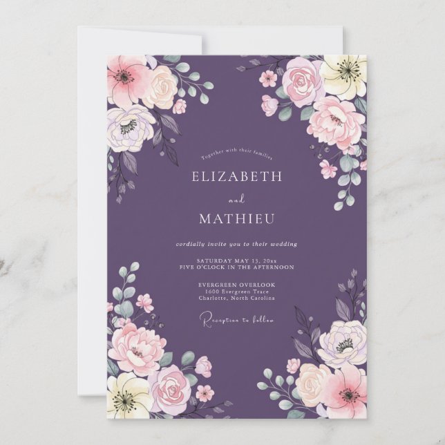 Eggplant Ranunculus Eucalyptus Wedding Invitation (Front)