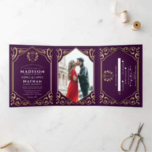 Eggplant Royal Medieval Fantasy Monogram Wedding Tri-Fold Invitation