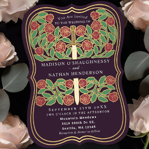 Eggplant Royal Medieval Floral Sword Wedding Invitation