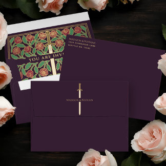 Eggplant Royal Medieval Gold Floral Sword Wedding Envelope