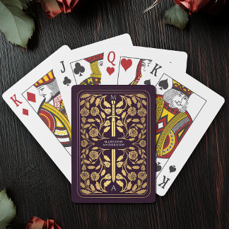 Eggplant Royal Medieval Gold Sword Monogram Poker Cards