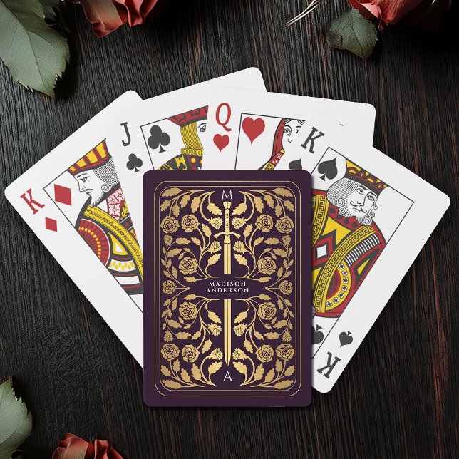 Eggplant Royal Medieval Gold Sword Monogram Poker Cards (Creator Uploaded)
