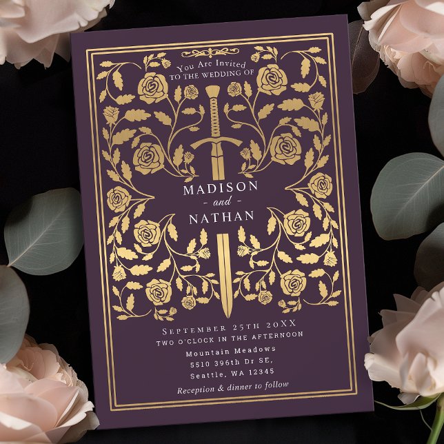 Eggplant Royal Medieval Gold Sword Wedding  Invitation (Creator Uploaded)