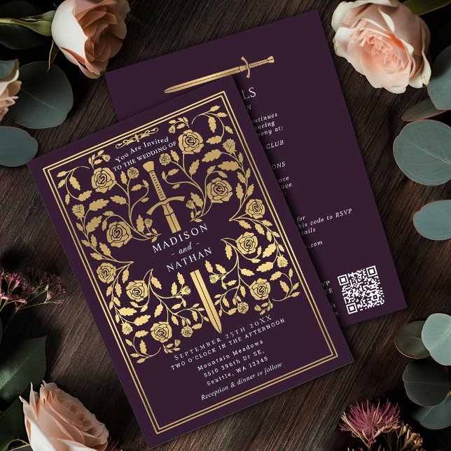 Eggplant Royal Medieval Gold Sword Wedding QR Code Invitation (Creator Uploaded)