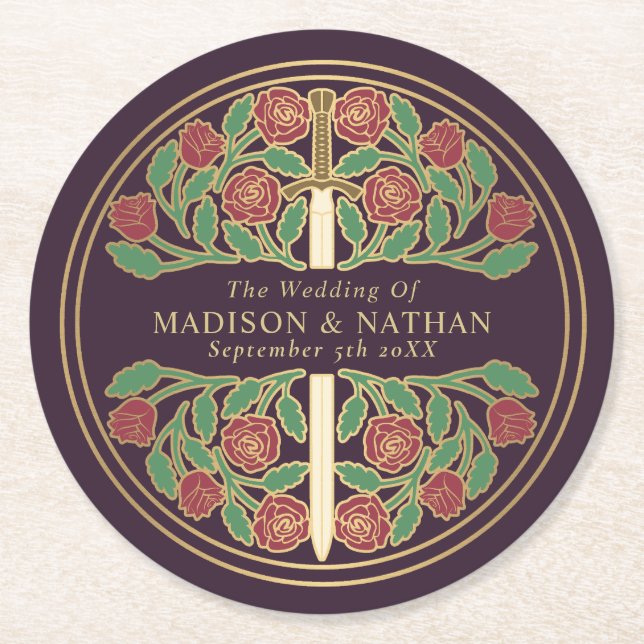 Eggplant Royal Medieval Gold Sword Wedding Round Paper Coaster (Front)