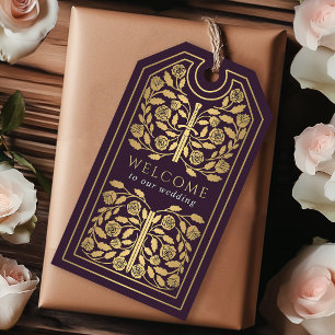 Eggplant Royal Medieval Gold Sword Wedding Welcome Gift Tags