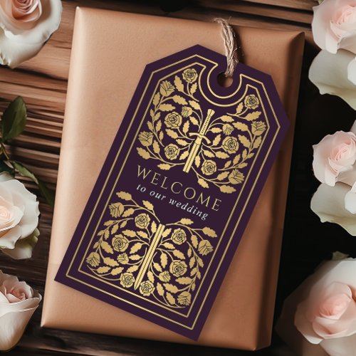 Eggplant Royal Medieval Gold Sword Wedding Welcome Gift Tags