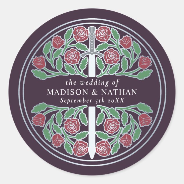Eggplant Royal Medieval Silver Sword Wedding  Classic Round Sticker (Front)
