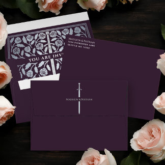 Eggplant Royal Medieval Silver Sword Wedding Envelope