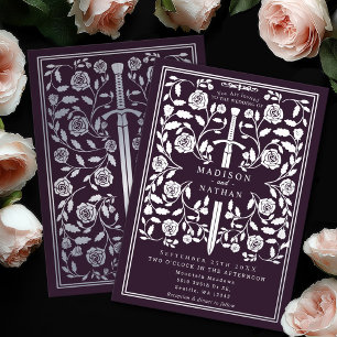Eggplant Royal Medieval Silver Sword Wedding Foil Invitation