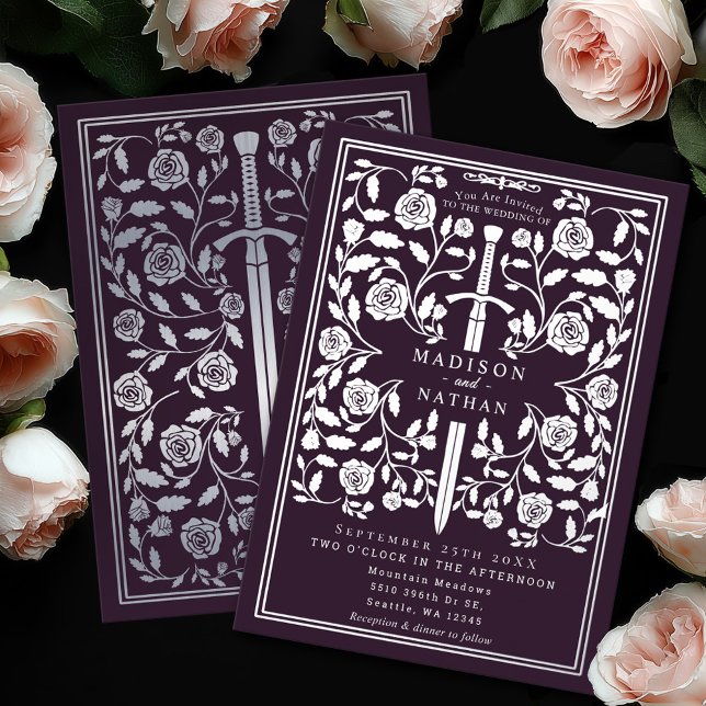 Eggplant Royal Medieval Silver Sword Wedding Foil Invitation (Creator Uploaded)