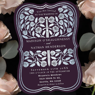 Eggplant Royal Medieval Silver Sword Wedding Invitation
