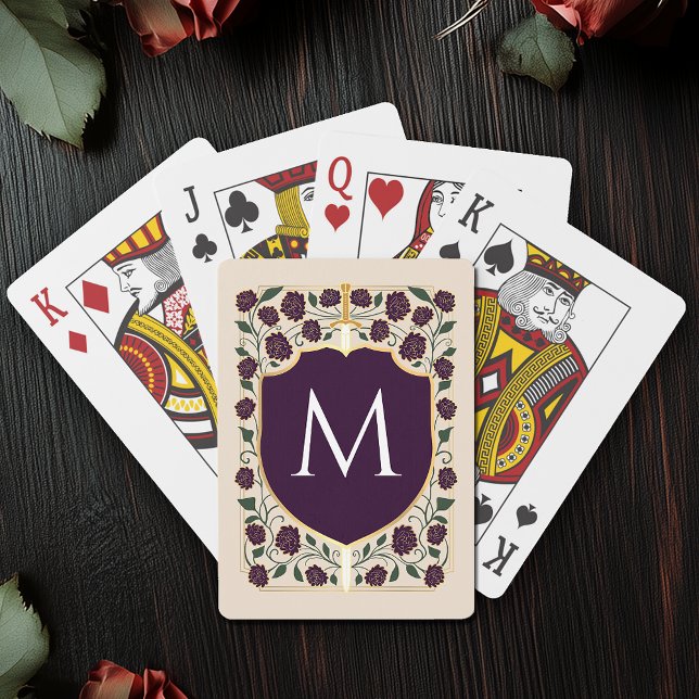 Eggplant Royal Medieval Sword & Shield Monogram Poker Cards (Creator Uploaded)