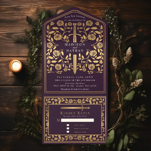 Eggplant Royal Medieval Sword Wedding All In One Invitation