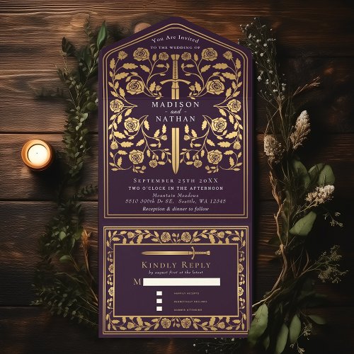 Eggplant Royal Medieval Sword Wedding All In One Invitation