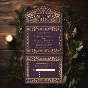 Eggplant Royal Medieval Sword Wedding All In One Invitation