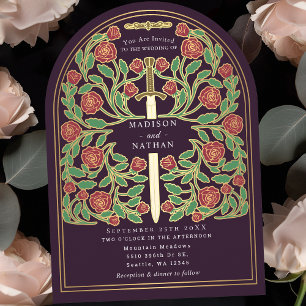 Eggplant Royal Medieval Sword Wedding Arch Invitation