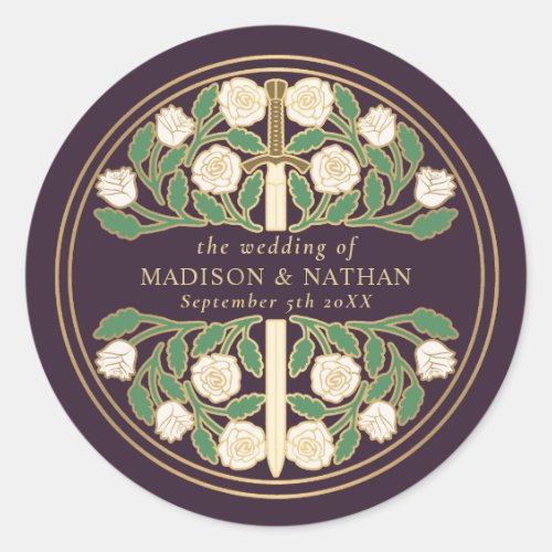 Eggplant Royal Medieval Sword Wedding  Classic Round Sticker