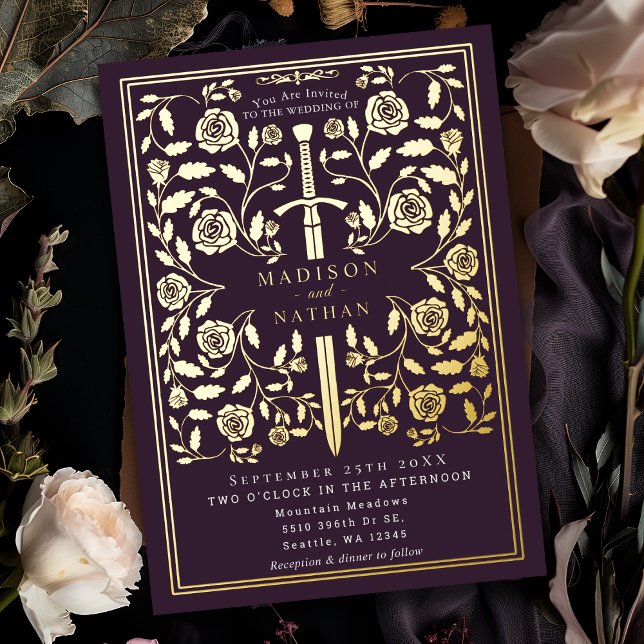 Eggplant Royal Medieval Sword Wedding Foil Invitation (Creator Uploaded)
